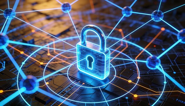 Cyber defense system visualization with padlock in the center of digital network and glowing blue neon connections, futuristic cybersecurity technology, secure data protection and information safety	