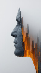 Double exposure stone face silhouette with glowing city skyline, urban identity concept