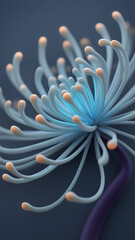 Abstract blue glowing anemone-like flower macro, futuristic bioluminescent background