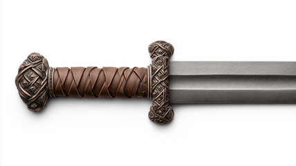 Medieval sword hilt close-up isolated on white, forged steel blade and leather grip detail