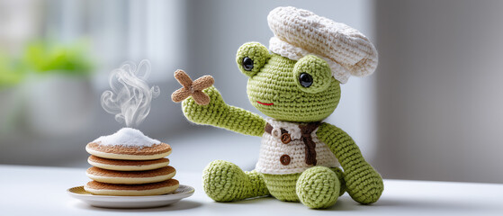 Crochet Frog Chef with Pancakes and Steam on Minimal Table