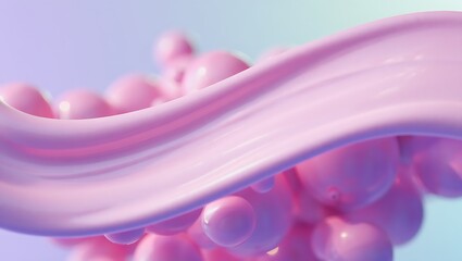Abstract Pink Liquid Splash with Glossy Spheres on Soft Pastel Gradient Background