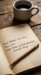 journal with pencil detailing coffee brewing method on wooden table with cup of coffee