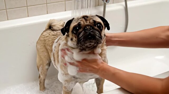 Fun pug puppy bath time with gentle soap massage, adorable dog relaxing in soothing foam bath, pet grooming and hygiene concept.