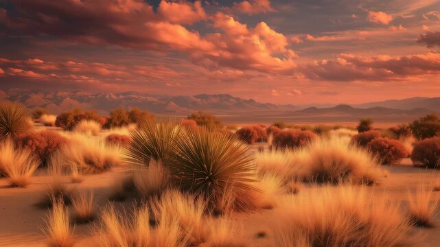 Warm desert landscape with golden grass and multiple yukka plants under a dramatic sunset sky, showing peaceful nature and wide open space