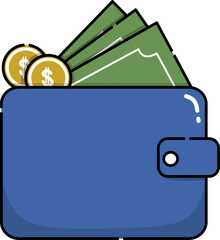 Illustration of blue wallet full of money and coins