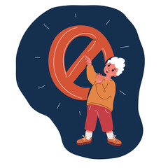 Cartoon vector illustration of a boy holding a prohibition sign, symbolizing restriction, warning, or protest against dark background