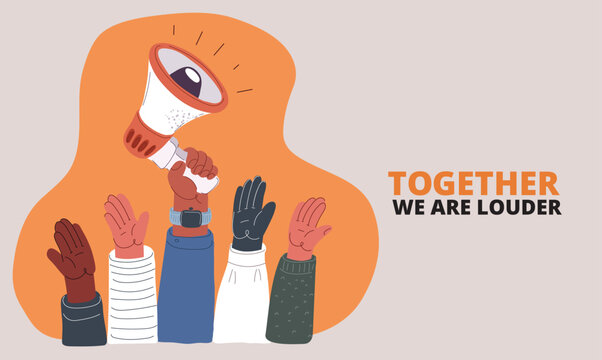 Cartoon vector illustration of a diverse group raising hands with a megaphone, symbolizing activism as uniting voices for change