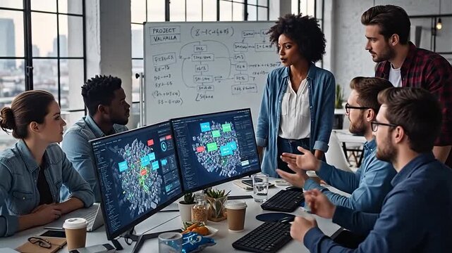 Diverse Young Business Team Collaborating on Project, Reviewing Data on Computers in Creative Office