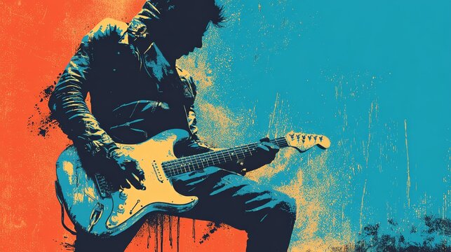 Stencil street art of a rock guitarist silhouette in a power stance