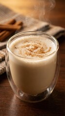steaming glass mug of cappuccino with cinnamon on a wooden table for cozy cafe atmosphere