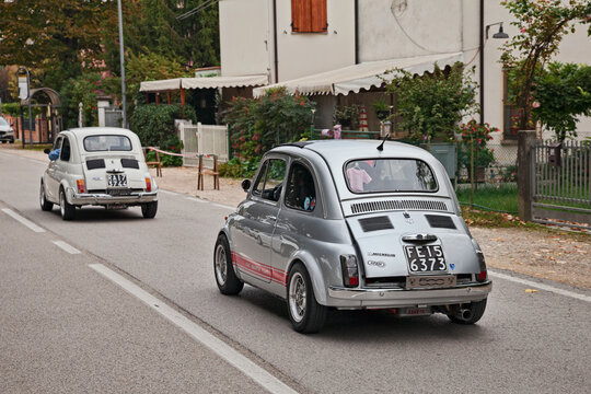 Custom vintage Fiat 500 with Abarth 695cc engine tuning at a classic car rally, on October 1, 2017 in Godo, Russi, RA, Italy