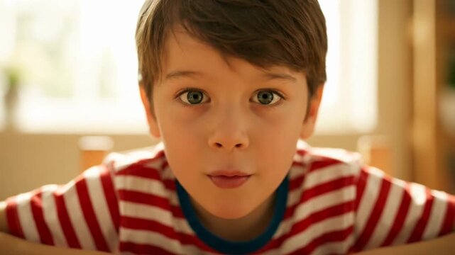 A close-up of a curious boy with expressive eyes in a cozy indoor setting.