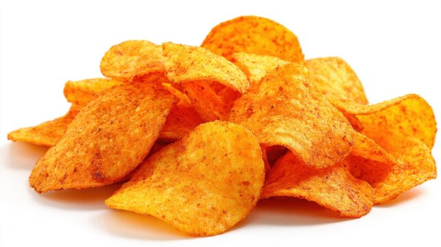 Freshly made crunchy potato chips are stacked high showcasing their golden color and crispy texture. Perfect for munching during gatherings or relaxing moments at home.