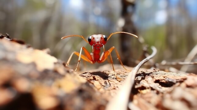 A Striking Orange-Red Longhorn Beetle Climbs Across Sunlit Leaf Litter on a Forest Floor
