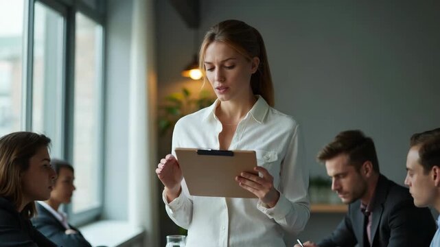 Woman with clipboard feeling embarrassed during business meeting in office.
