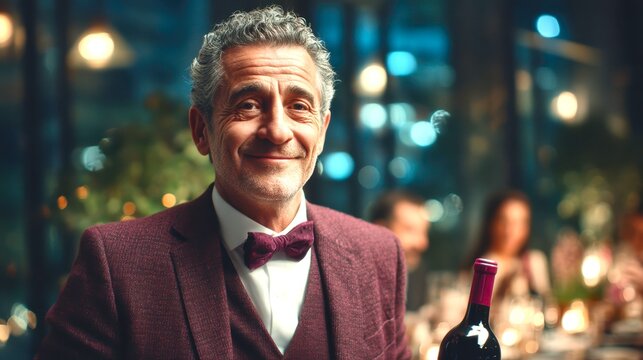 A dignified and smiling elderly male waiter holds a bottle of wine at a lavish dinner party and is serving it to customers.