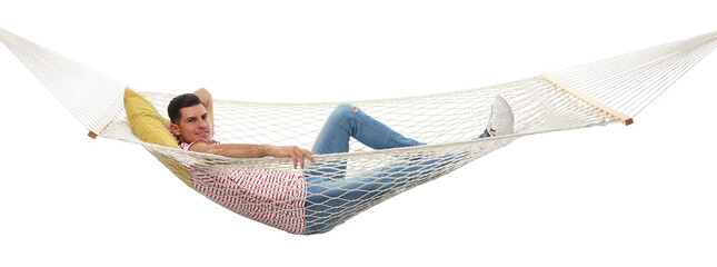 Man resting in hammock on white background