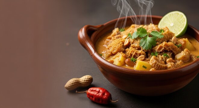 Traditional Ecuadorian Guatita Tripe Stew in Peanut Sauce with Large Left Copy Space