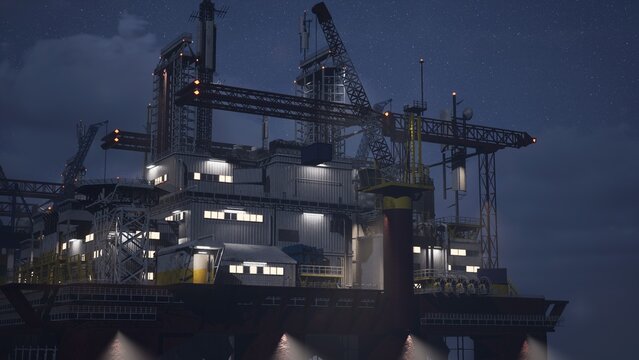 Massive offshore installation barge in ocean doing petrol exploitation at night. Maritime steel platform in deepwater sea equipped with drilling derrick cranes for 24 hour nonstop subsea operations