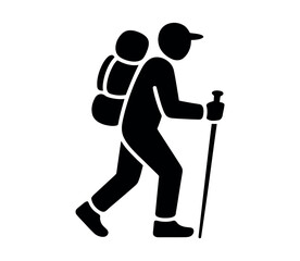 A hiker with a backpack and trekking pole walking on a trail