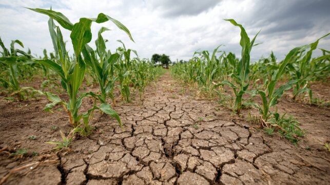 Dry conditions have caused significant cracks in the soil of a corn field. Young corn plants grow in uneven rows beneath a cloudy sky signifying a challenging growing season ahead.