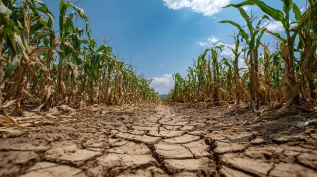 A view of a cornfield affected by drought reveals dry cracked soil between rows of corn. The bright blue sky with few clouds shows a hot summer day highlighting the lack of moisture.