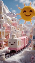 A train made of marshmallows traversing a city of melting toys under a smiling sun, surreal silliness, cute absurdity, soft lighting.