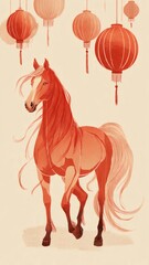 Traditional illustration of the 2026 Chinese New Year, Fire Horse in shades of red and gold, Chinese lanterns in the background