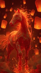 Year of the Fire Horse, majestic fire horse running through flames and sparks, night scene with fireworks and red lanterns