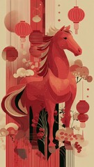 Chinese New Year 2026, Year of the Fire Horse, fire horse in red and gold tones, Chinese lanterns and festive ornaments, minimal background, flat illustration