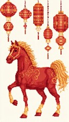 Pixel art illustration for Chinese New Year 2026, Year of the Fire Horse, fire horse in red and gold colors simple background