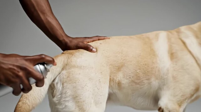 Grooming Golden Retriever with a fine mist spray applied to the dog s back and shoulders, deodorizing and conditioning coat care, pet hygiene and flea and tick protection concept.