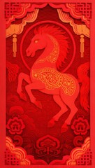 illustration for Chinese New Year 2026, Year of the Fire Horse, layered red paper textures