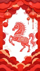 paper cut style illustration for Chinese New Year 2026 white background social media