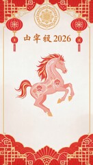 Vector flat design for Chinese New Year 2026, Year of the Fire Horse, stylized fire horse icon, clean geometric shapes, white background