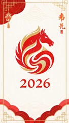 Vector flat design for Chinese New Year 2026, Year of the Fire Horse, stylized fire horse icon, clean geometric shapes, white background