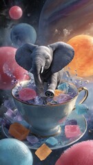 An elephant wearing ice skates inside a giant teacup, floating in space, with planets made of colored gelatin in the background, surreal silly style