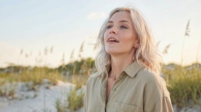 A serene woman gazes upwards, seemingly enjoying a moment of tranquility in nature
