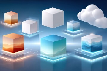 Obraz premium Isometric illustration of colorful floating cubes with glowing bases against a blue background