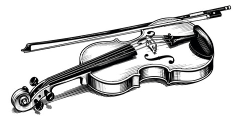 Obraz premium Hand drawn line art illustration of a violin with bow depicting a classical instrument for music designs