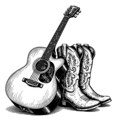 Hand drawn country music set featuring an acoustic guitar and cowboy boots for entertainment design