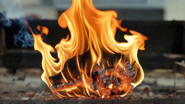 4K footage of large tongue of flame burning moving with wisps of smoke rising emphasizing dynamic fire motion texture visual effects atmospheric stock 