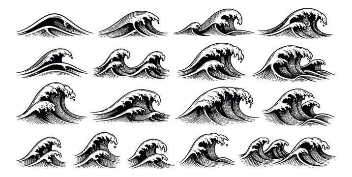Hand drawn line art ocean wave set featuring crashing and rolling sea waves for marine graphic designs