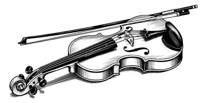 Hand drawn line art illustration of a violin with bow depicting a classical instrument for music designs