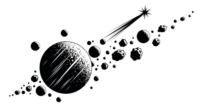 Retro style line art illustration of space elements depicting a planet, asteroids, and a shooting star for cosmic themes