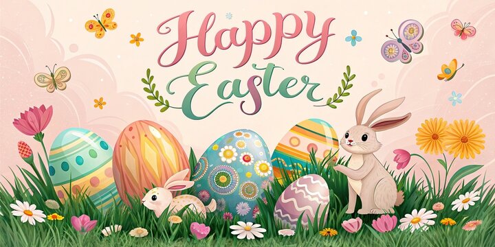 Happy Easter greeting card with cute bunnies colorful egg spring meadow joy.