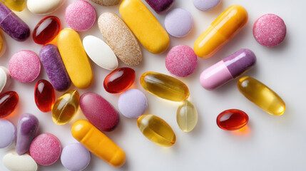 Pill capsule tablet medication supplement softgel colorful assortment of pharmaceutical dosage forms on white background, healthcare and wellness concept, top view with copy space