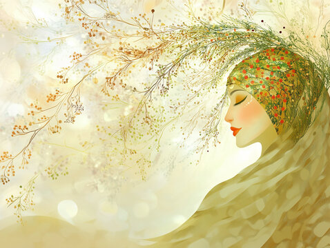 Navruz Nowruz greeting card with Muslim woman in hijab and flowering branches on soft pastel background, copy space for design, for spring festival, Islam culture, holiday branding.