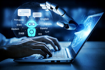 Obraz premium AI bridges languages with multilingual assistants, smart translation tools, and cross-cultural virtual learning environments. Artificial intelligence spline